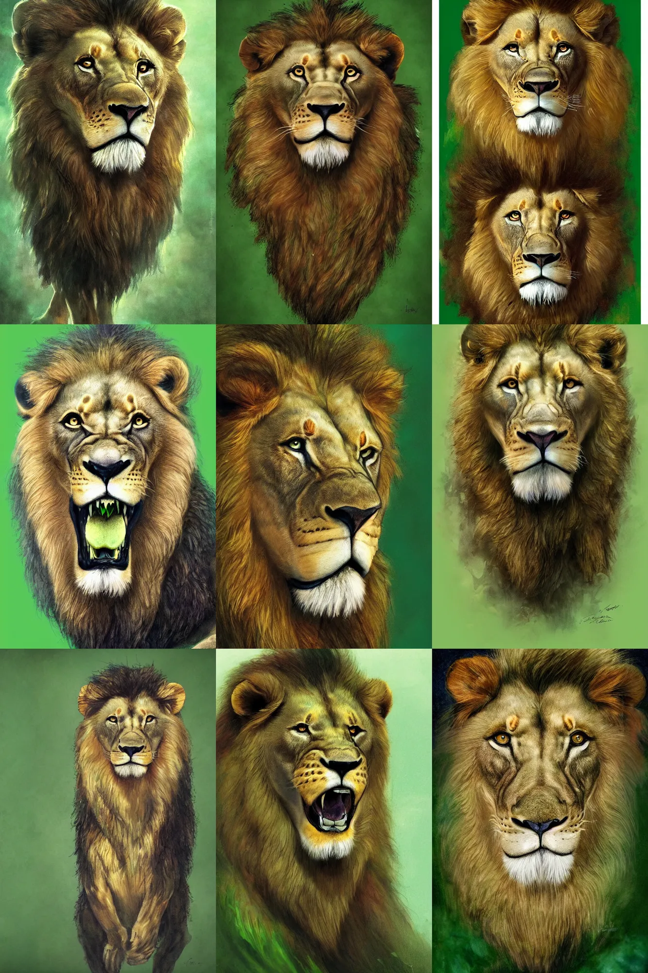 Prompt: full shot fantasy lion's face against a green back for chroma key by jean - baptiste monge, full shot, constant green background, trending on artstation