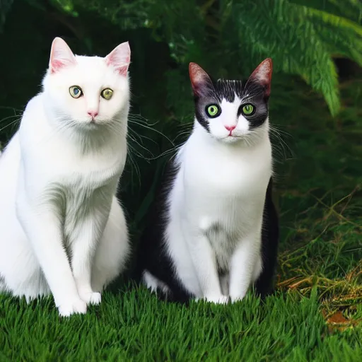 Image similar to [two cat] in the picture [white cat with green eyes] to the left, [black cat with yellow eyes], to the right