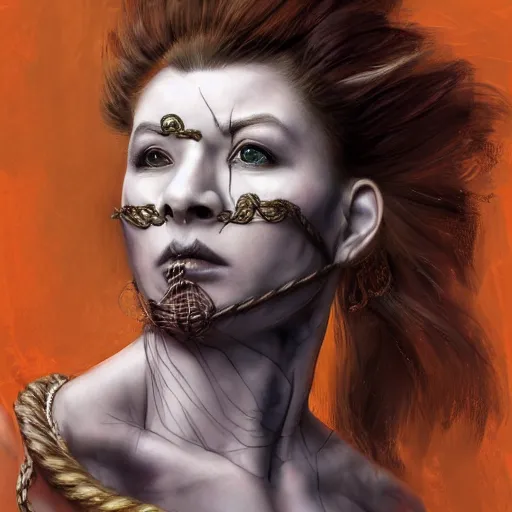 Image similar to portrait of a Shibari rope wrapped face and neck, headshot, insanely nice professional hair style, dramatic hair color, digital painting, of a old 15th century, roman gladiatorr, amber jewels, baroque, ornate clothing, scifi, realistic, hyperdetailed, chiaroscuro, concept art, art by Franz Hals and Jon Foster and Ayami Kojima and Amano and Karol Bak,