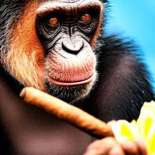 Prompt: a high detail closeup shot of a chimp wearing a suit, smoking a cigar