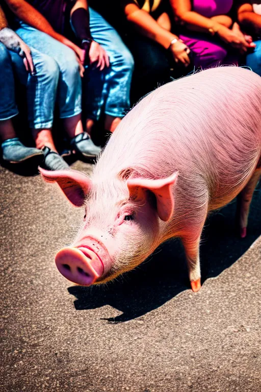 Prompt: a pig sitting at the slot among people, photo in color, photo in 4 k