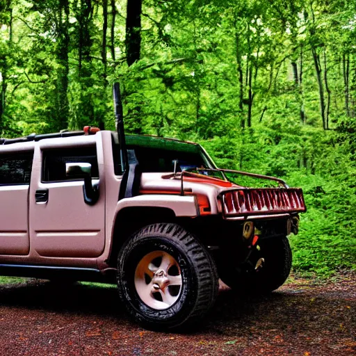 Image similar to a hummer parked in an old forest, at dusk