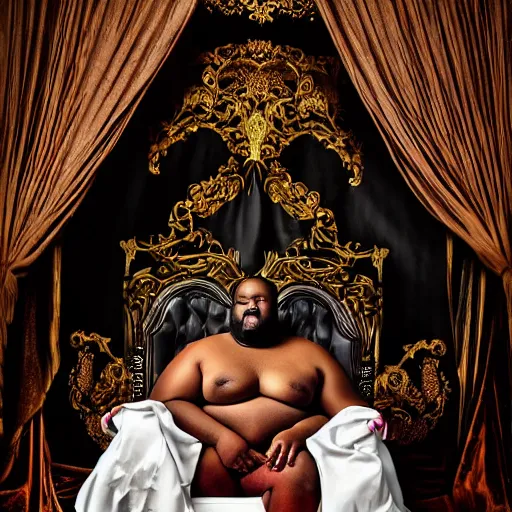 Prompt: Large black man sitting on throne wrapped in silk, background made of large folding curtains, blacklight lighting, dark, hyper detailed, hyper realistic, 8K phot realistic,