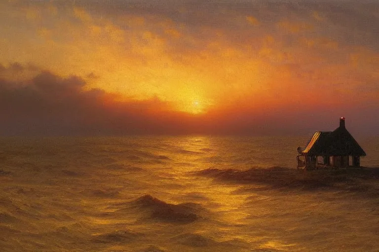 Image similar to sunset over a wooden cabin on the coast in the distance, sea, oil painting, very detailed, colorful, cinematic lighting, albert bierstadt, trending on artstation