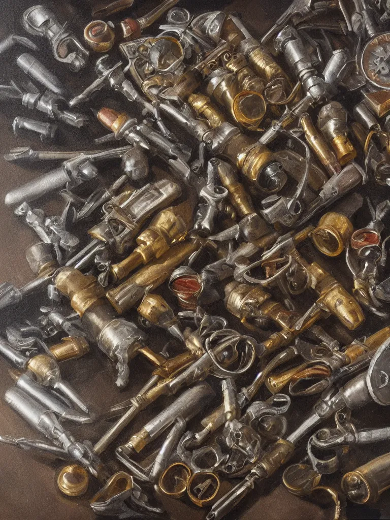 Prompt: oil painting of revolvers and bullets on a wall, ultrarealistic, intricate details, 4k