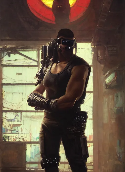 Prompt: big mike. cyberpunk boxer wearing a military vest and combat gear. (Cyberpunk 2077, bladerunner 2049). Round face. Iranian orientalist portrait by john william waterhouse and Edwin Longsden Long and Theodore Ralli and Nasreddine Dinet, oil on canvas. Cinematic, hyper realism, realistic proportions, dramatic lighting, high detail 4k