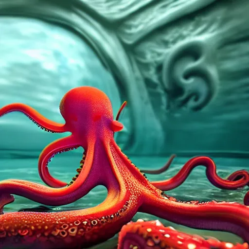 Image similar to realistic 3 d render of octopus with swirling detailed magical tentacles, holding illusions, in a fantastical ocean, octane render