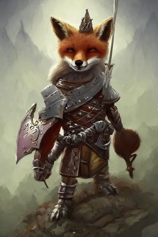 Image similar to cute little anthropomorphic foxy knight wearing a cape and a crown, tiny, small, miniature fox, baby animal, short, pale blue armor, cute and adorable, pretty, beautiful, DnD character art portrait, matte fantasy painting, DeviantArt Artstation, by Jason Felix by Steve Argyle by Tyler Jacobson by Peter Mohrbacher, cinematic lighting