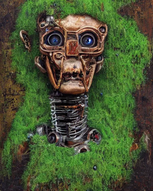 Image similar to detailed oil painting of a decayed, rusty, humanoid robot, covered in moss