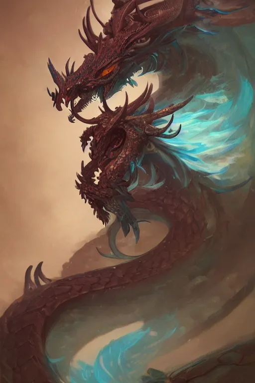 Image similar to cyan dragon has chinese dragon head, antlers, snake body, eagle claws hybrid fantasy, intricate, elegant, highly detailed, digital painting, artstation, concept art, matte, sharp focus, illustration by peter mohrbacher justin gerard zhang yu