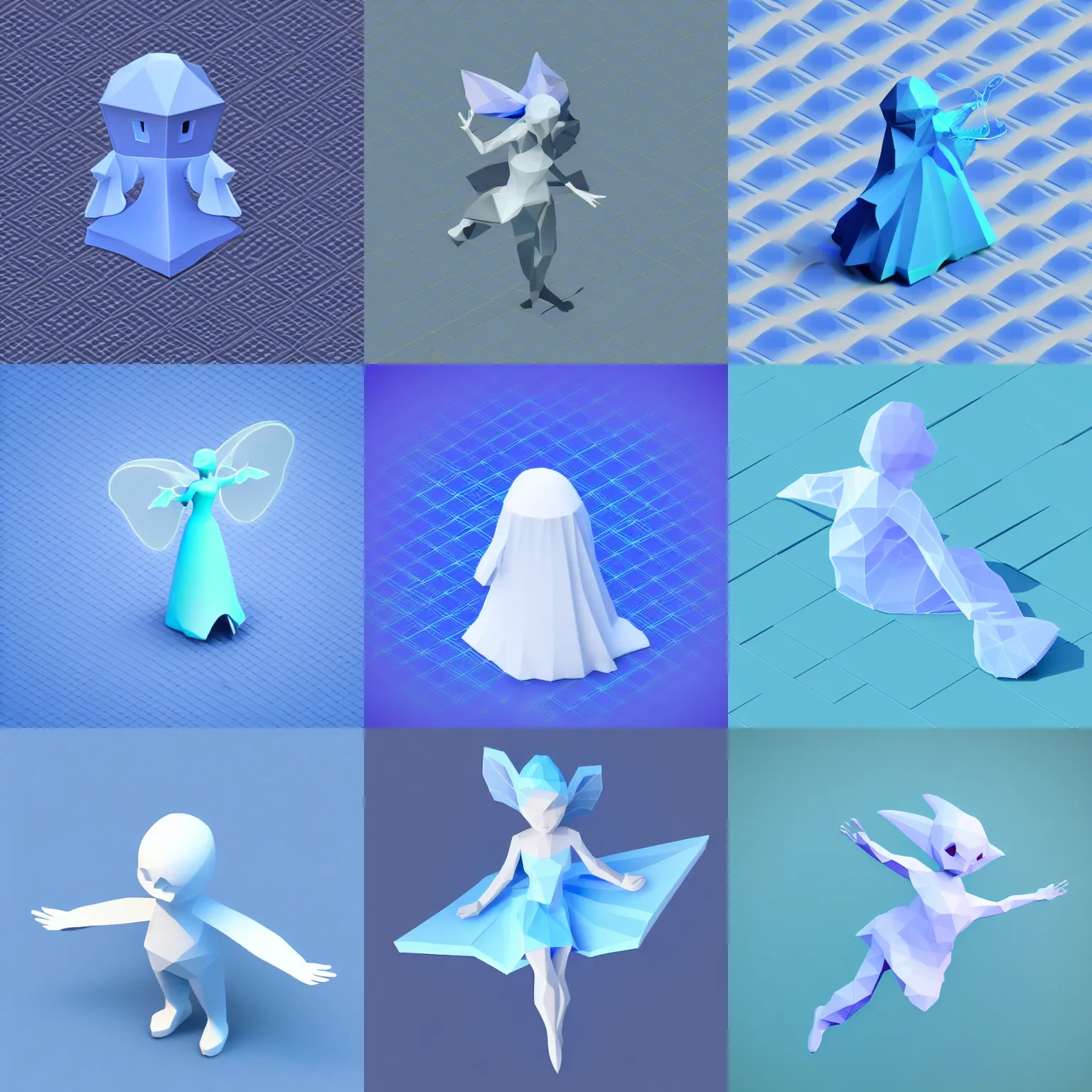 Prompt: low polygon render of a blue fairy ghost white background, isometric 3 d, ultra hd, vibrant