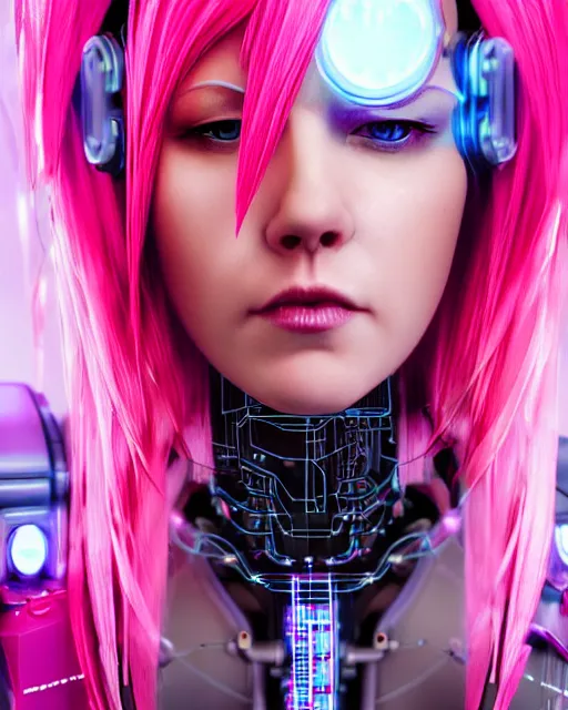 Prompt: portrait of a beautiful american woman with pink hair as a cyberpunk cyborg half robot, revealing wires and electronics, sci - fi, missing panels, intricate abstract upper body intricate artwork, concept art, octane render, deviantart, cinematic, key art, hyperrealism, iridescent accents, portrait photograph, nikon 3 5 mm, photograph by greg rutkowski