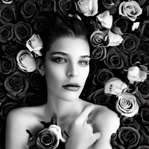 Image similar to a fashion photo of a beautiful model, a bed of roses, by ted gibson, jen atkin, tom eerebout, elizabeth saltzman, peter lindbergh, tim walker, symmetry, full face, studio lighting, dlsr,