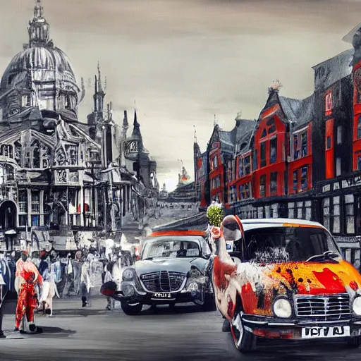 Image similar to A British European City with cars and people roaming inside of the city, certain aspects of the background are lens blurred, splatters of red on the border of the image, some of the people are even painted red, black and white photograph painting, real life, realistic, hyperrealistic, very realistic, photo photograph, photo, photograph, painting, oil painting, ultra realistic, very detailed, extremely detailed, highly detailed, HD Quality, 4k resolution, 8k resolution, trending on artstation, in the style of an Album Cover, cool, epic, nostalgic, intricate details, black and white image