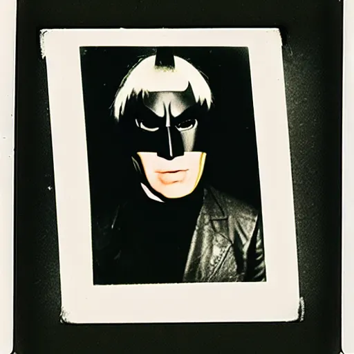 Image similar to Polaroid Portrait of Andy Warhol wearing a 1960s Batman Mask, taken in the 1970s, photo taken on a 1970s polaroid camera, grainy, real life, hyperrealistic, ultra realistic, realistic, highly detailed, epic, HD quality, 8k resolution, body and headshot, film still, front facing, front view, headshot and bodyshot, detailed face, very detailed face