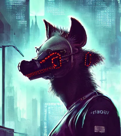 Image similar to new york city portrait of furry anthro anthropomorphic spotted hyena head animal person fursona wearing clothes strange cybernetic muzzle gloomy rainy screenshot from the video game cyberpunk 2077 digital art by Greg Rutkowski, Simon Stalenhag, christopher nolan trending on Artstation, CGSociety