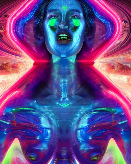 Image similar to a powerful energy psychedelic matrix woman, by alexander fedosav, hyper detailed digital matte painting, concept art, hyperrealism, 1 6 k resolution, cinema 4 d, 8 k resolution, trending on artstation, behance hd, a masterpiece, by stephan martiniere, particles, cel - shaded, power bright neon energy, by david a. hardy,