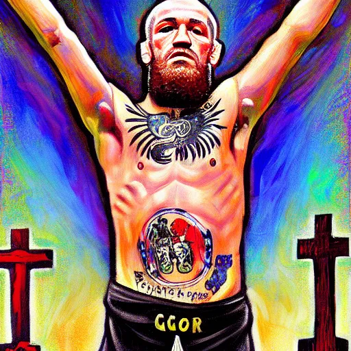 Image similar to religious portrait, conor mcgregor on the cross, crucifixion, oil on canvas, digital art