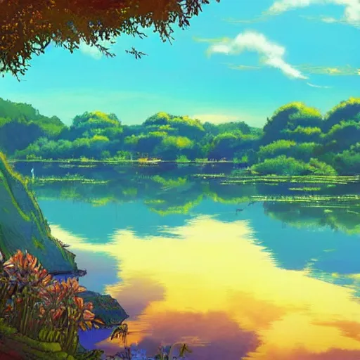 Image similar to a beautiful lake, fantasy art, 2 d, sunshine, warm colors, relaxing, calm, cozy, peaceful, by studio ghibli