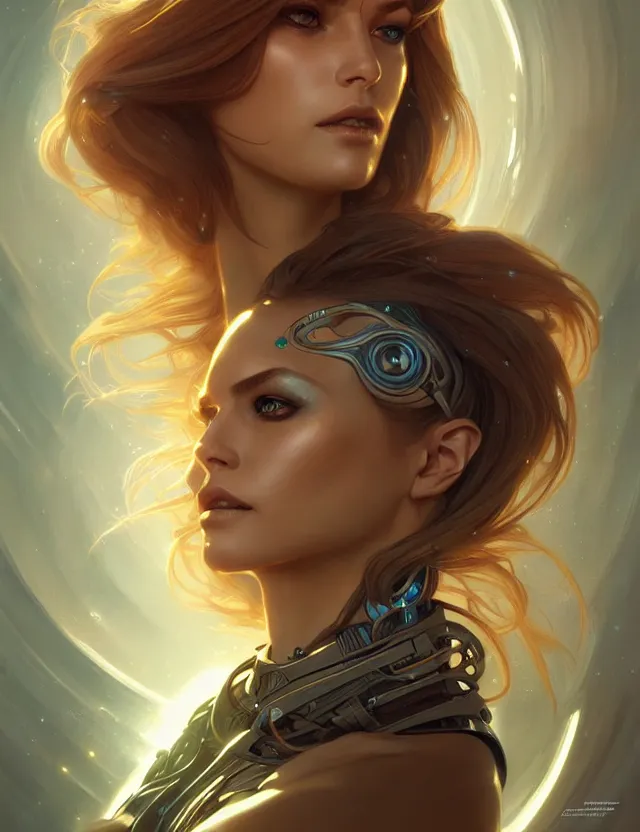 Image similar to futuristic woman portrait, sci-fi, amber eyes, face, long hair, fantasy, intricate, elegant, highly detailed, digital painting, artstation, concept art, smooth, sharp focus, illustration, art by artgerm and greg rutkowski and alphonse mucha