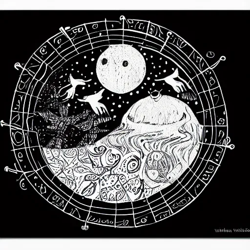 Prompt: phases of the moon wall hanging, astrology witchy whimsical illustration, black and white ink drawing