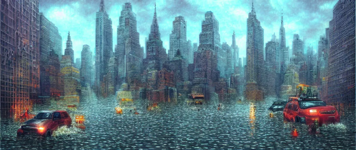 Image similar to new york city with cruising ship sailing at raining night at flooded miniature city, godrays, god helping mystic soul by yoshitaka amano, and artgerm, gediminas pranckevicius