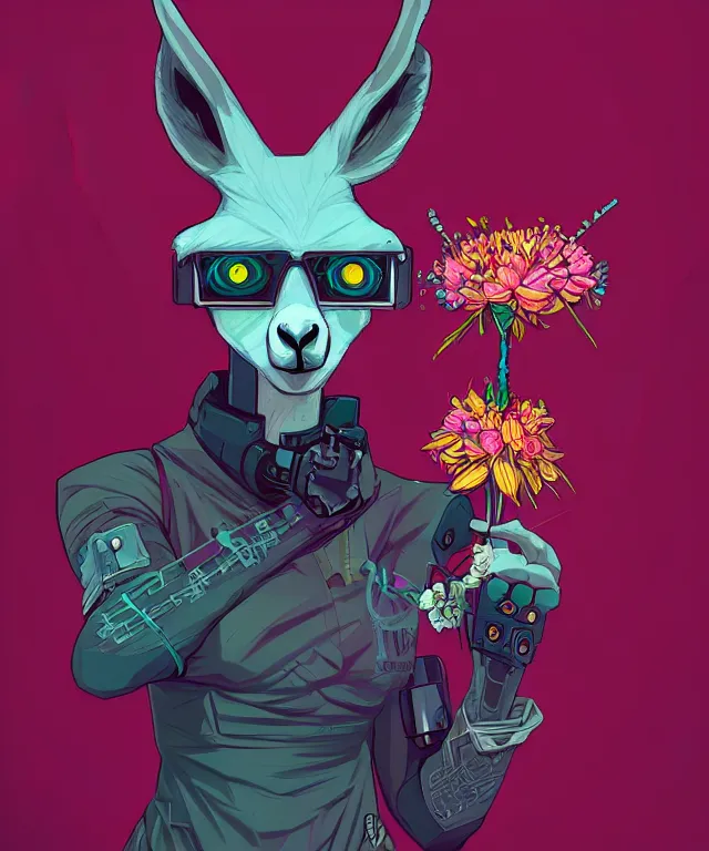 Prompt: a portrait of an anthropomorphic cyberpunk llama holding a flower, cyberpunk!, fantasy, elegant, digital painting, artstation, concept art, matte, sharp focus, illustration, art by josan gonzalez