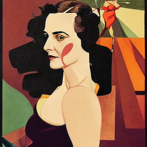 Image similar to Eva Green, Art by Coles Phillips, Orange bodysuit, Chalk white skin, deep purple hair, Green eyes, Portrait of the actress, Eva Green as Metamorpho, geometric art, Ramona Fradon, poster, no text, Alphonse Mucha, Vasily Kandinsky, carbon black and antique gold