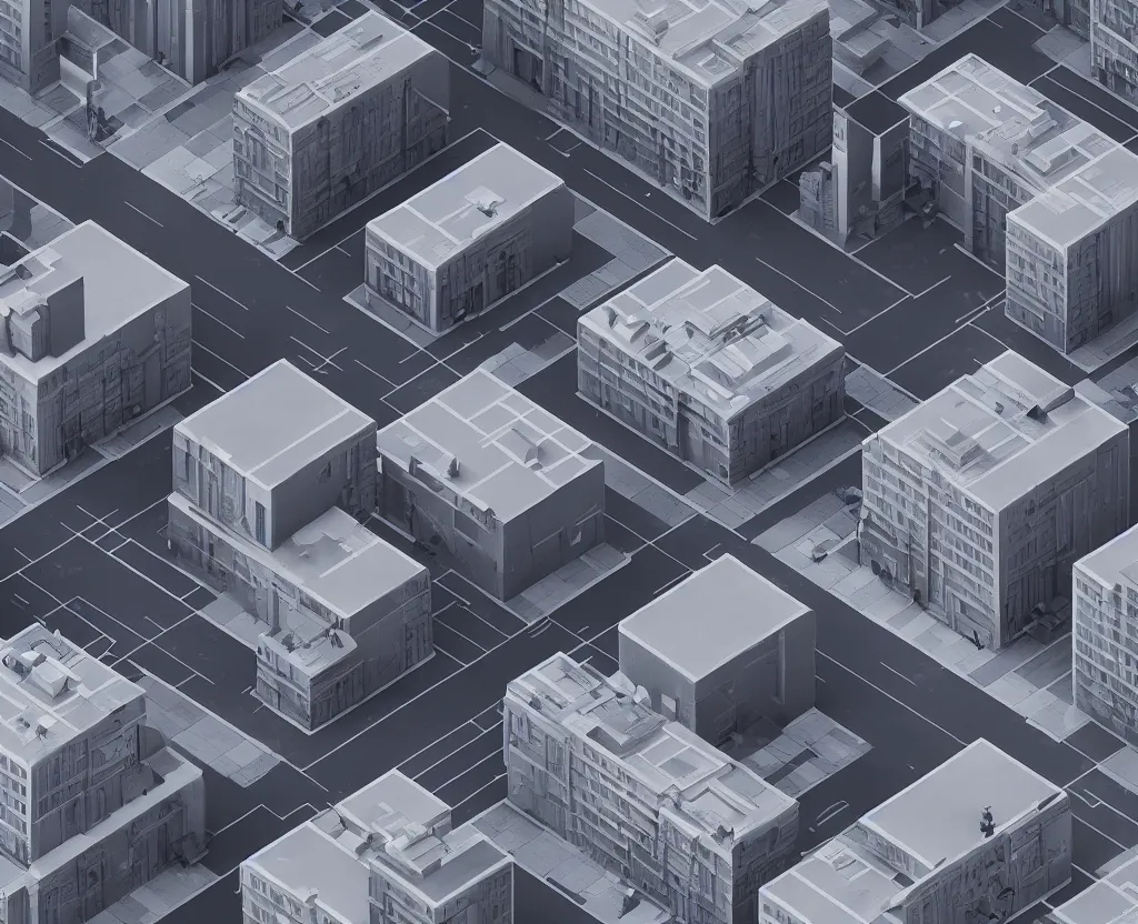 Image similar to city block, isometric view, octane 3d, ray tracing, volumetric lighting