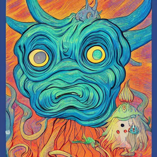 Image similar to whimsical silly painting of a terrifying demon, in the style of studio ghibli and moebius and claude monet and vincent van gogh
