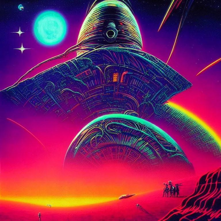 Image similar to edge of interstellar space, synthwave, bright neon colors, highly detailed, cinematic, tim white, philippe druillet, roger dean, ernst haeckel, lisa frank, vladimir kush, kubrick, kimura, isono