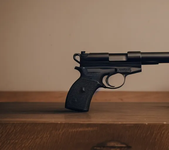 Prompt: a photo of a gun on a desk