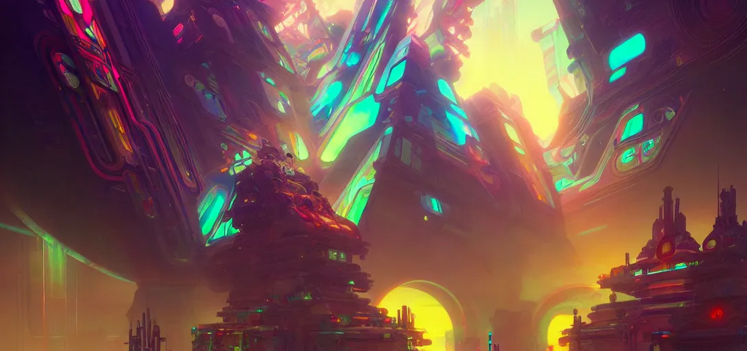 Image similar to a cybernetic temple, vaporwave aesthetic, colorful, psychedelic, digital painting, artstation, concept art, smooth, sharp focus, illustration, art by artgerm and greg rutkowski and alphonse mucha