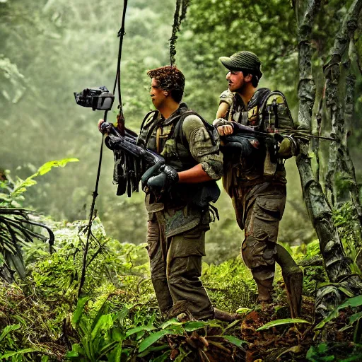 Image similar to commandos patrolling jungle, cinematic, HDR