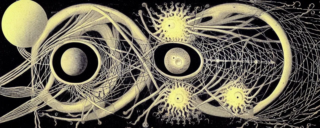 Image similar to a strange creature with endearing eyes radiates a unique canto'as above so below'while being ignited by the spirit of haeckel and robert fludd, breakthrough is iminent, glory be to the magic within, in honor of saturn, painted by ronny khalil