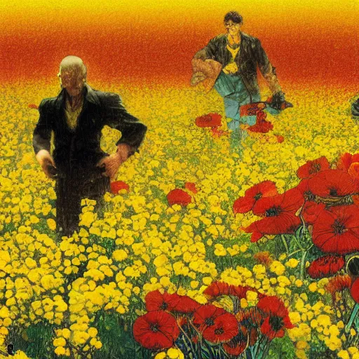 Prompt: 3 people in red desert drowning in a sea of yellow flowers, highly detailed, intricate, surreal, painting by Franz Marc, part by Yoji Shinkawa, part by Norman Rockwell, artstation