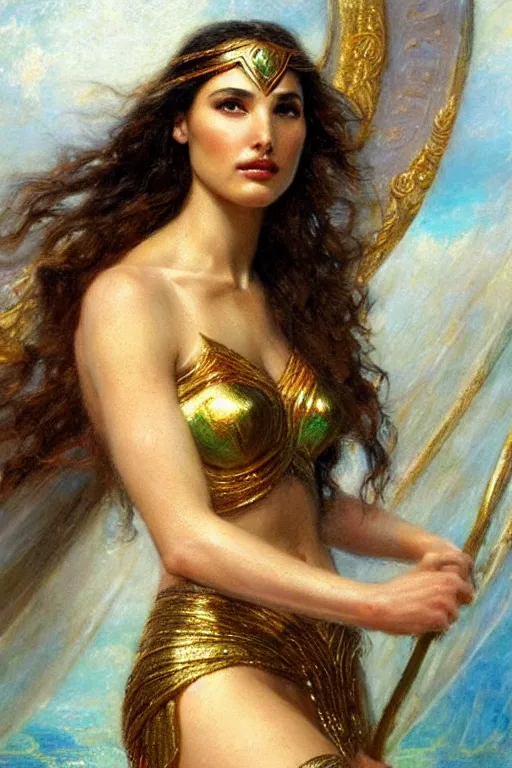 Image similar to high detail portrait of gal gadot as the goddess aphrodite. art by gaston bussiere.