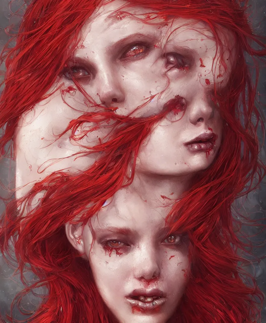Image similar to Hyperrealistic close-up portrait of zombie mermaid young woman with red hair, alone, D&D, fantasy, intricate, elegant, highly detailed, digital painting, trending artstation, concept art, smooth, sharp focus, illustration, art by Greg Rutkowski