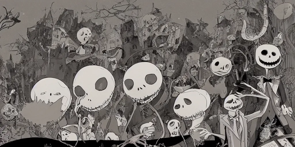 Image similar to a study of cell shaded cartoon of a scene from tim burtons nightmare before christmas, illustration, wide shot, muted colors, concept art by josan gonzales and wlop, by james jean, victo ngai, david rubin, mike mignola, laurie greasley, highly detailed, sharp focus, trending on artstation, hq, deviantart, art by artgem