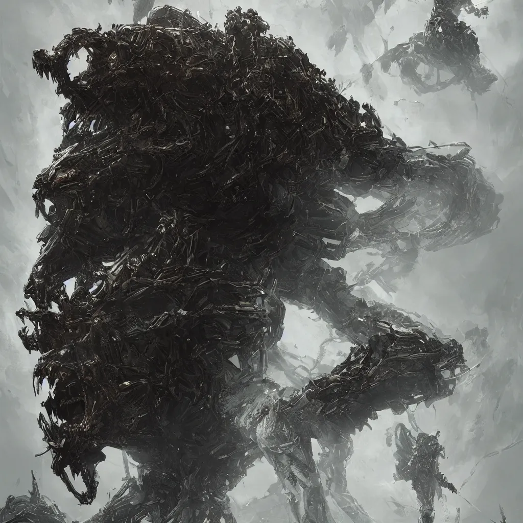 Image similar to Death Stranding Giant Lion BT Boss monster art, in the style of greg rutkowski, illustration, epic, fantasy, intricate, hyper detailed, artstation, concept art, smooth, sharp focus, ray tracing