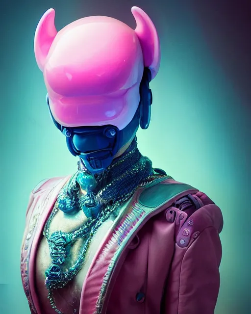 Prompt: natural light, soft focus portrait of a cyberpunk anthropomorphic orca with soft synthetic pink skin, blue bioluminescent plastics, smooth shiny metal, elaborate ornate head piece, piercings, skin textures, by annie leibovitz, paul lehr