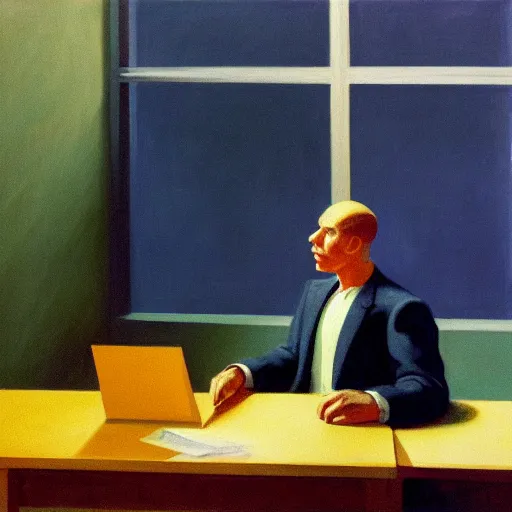 Prompt: painting of a lonely man, sitting at his desk in an empty, huge office, in the style of edward hopper