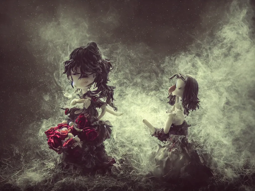 Prompt: cute fumo plush of a gothic maiden girl clutching lots of decayed roses, stale twilight, swirling vortices of emissive smoke and volumetric fog over the river, bokeh, 5 0 mm, vignette, vray