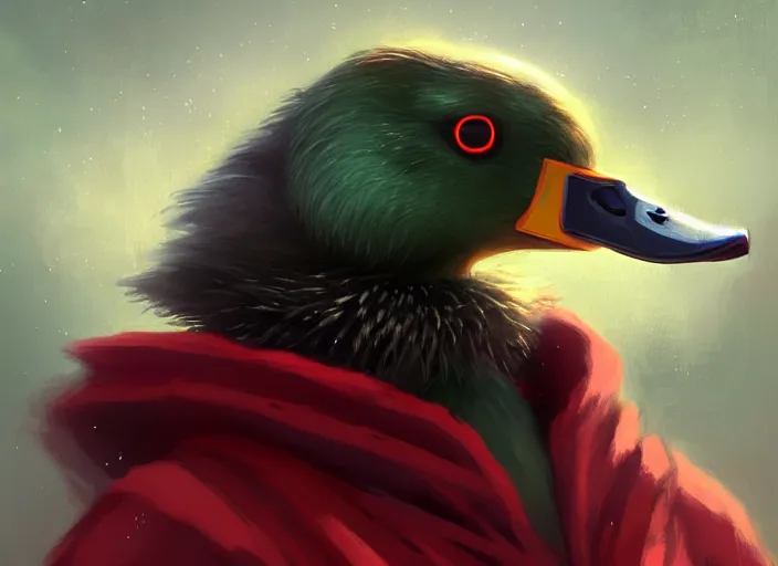 Image similar to cute fluffy mallard duck with vampire fangs wearing red cultist robe, details, cyberpunk, epic, sacrificial altar, landscape illustration concept art anime key visual trending pixiv fanbox by wlop and greg rutkowski and makoto shinkai and studio ghibli and kyoto animation symmetrical facial features