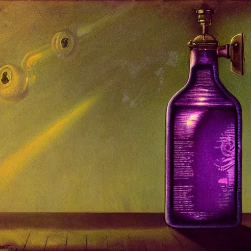 Image similar to a steampunk painting of a vintage purple potion bottle, lit by a single ray of sunlight in a dark dusty vintage science lab, by h. r. giger, hyperrealistic fantasy art, concept matte, ethereal, dreamy, digital art, trending on artstation, volumetric cinematic lighting