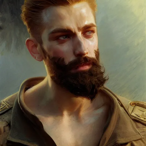 Prompt: detailed cinematic wide shot of muscular attractive young man wearing navy clothing beard slim face symettrical face clean skin blue eyes white hair, ultra realistic, spring light, painting by gaston bussiere, craig mullins, j. c. leyendecker