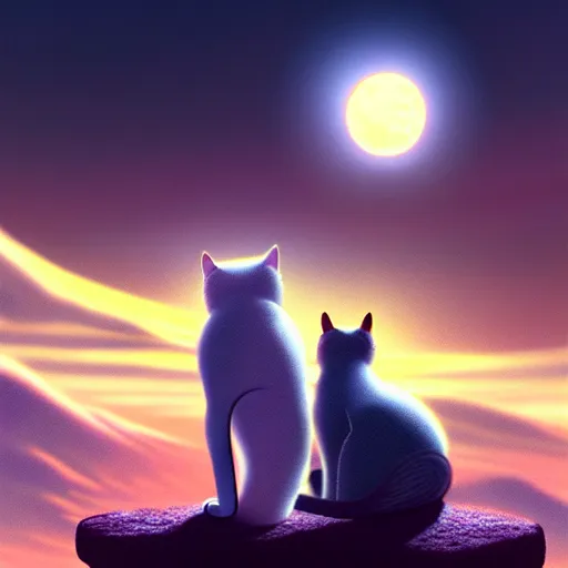 Prompt: two cats on the moon, futuristic, sci-fi, contrast volumetric light, highly detailed, digital painting, artstation, concept art, sharp focus, illustration, by Evgeny Lushpin