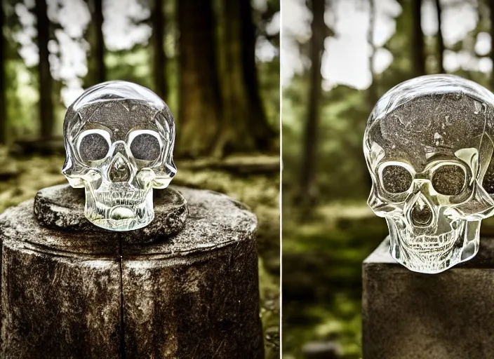 Prompt: crystal skull encased in a crystal box On a pedestal in ancient ruins in the forest. Highly detailed 8k. Intricate. Nikon d850 55mm. Award winning photography.