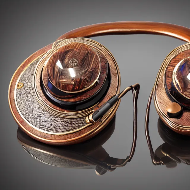 Image similar to masterpiece photo of beautiful hand crafted artistic detailed metal headphones, bismuth rainbow metal, bismuth cups, plush leather pads, displayed on mahogany desk, modernist headphones, bismuth beautiful well designed, hyperrealistic, audiophile, intricate hyper detail, extreme high quality, photographic, audeze, sennheiser, raal, bang olufsen, abyssal