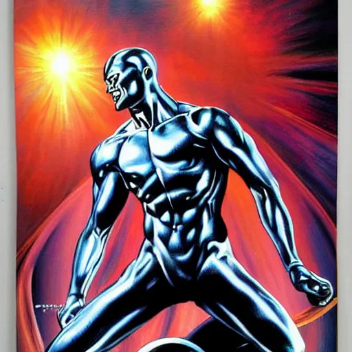 Prompt: movie poster, comic book page, oil painting, of a silver, silver surfer, album cover, by hajime sorayama